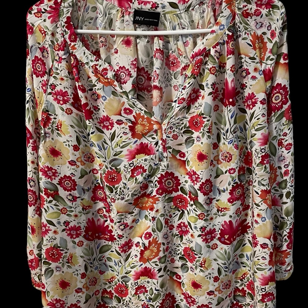 JNY Jones New York Peasant Floral Top, 100% Rayon, Size Large